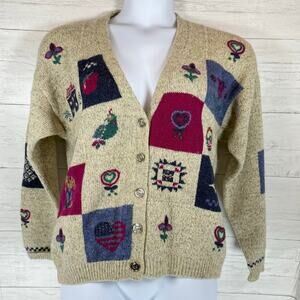 VTG Woolrich women Large wool tan pink dog granny patchwork cardigan sweater